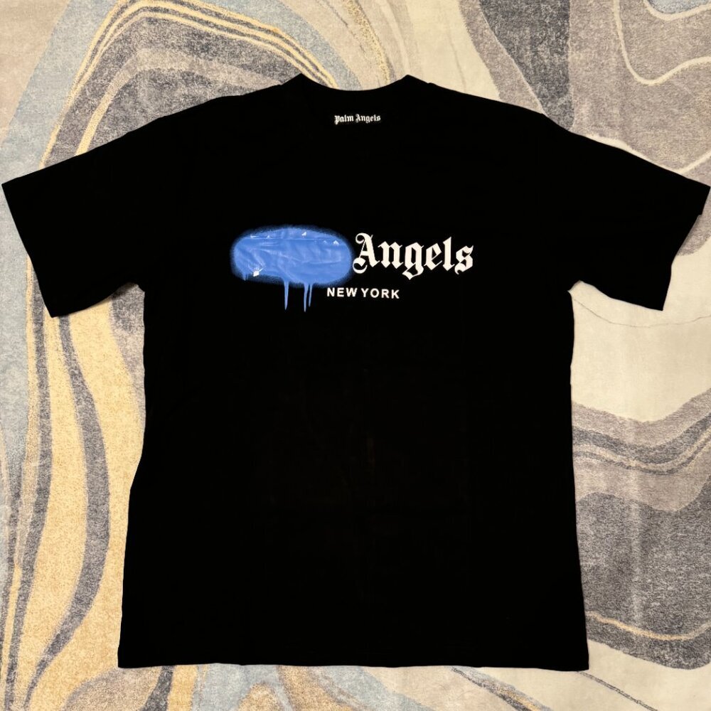 Palm Angels Blue Grafitti Drip New York Logo Black T-Shirt Size Large